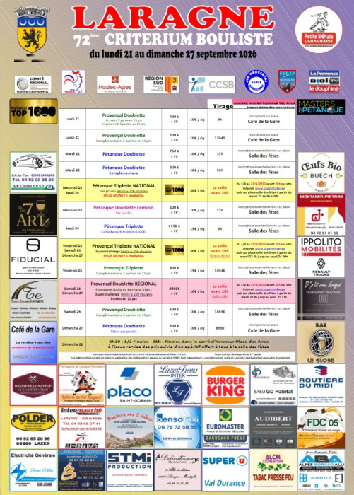 Le 72e Critérium bouliste de Laragne réunit pétanque et provençal - du 21 sep. au 27 sep.